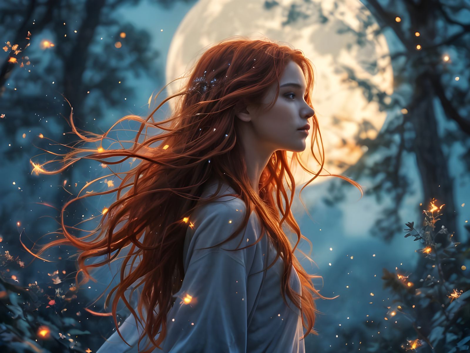 Mystical Forest Girl Under Full Moon