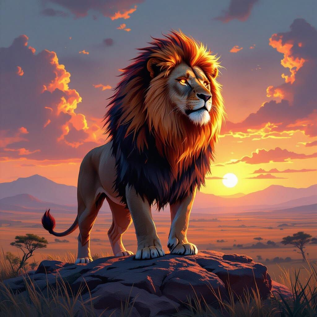Fiery Cyberpunk Lion Overlooking Savannah