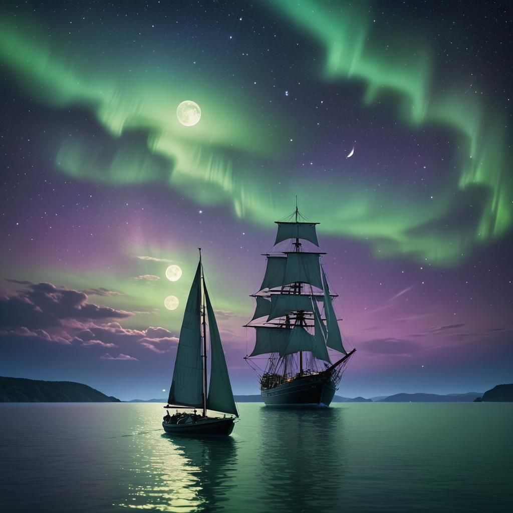 Aurora Borealis Over Calm Seas at Night