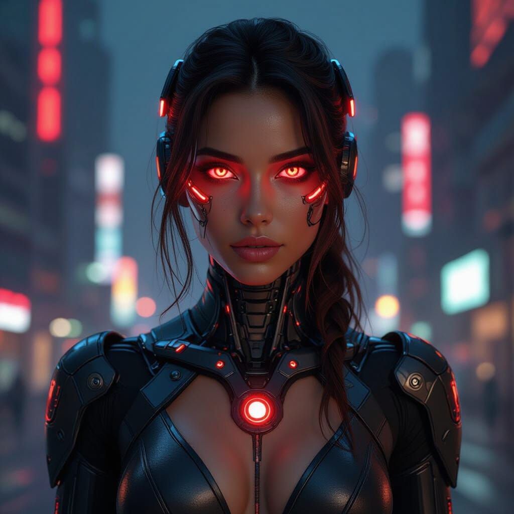 Latina Cyborg with Red Eyes in Cyberpunk Cityscape