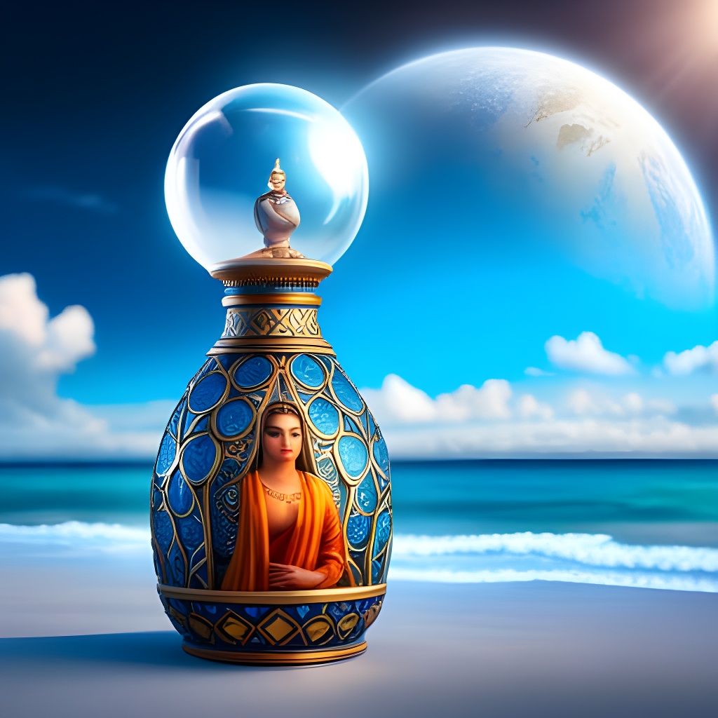 Miniature Genie in a Bottle on the Beach