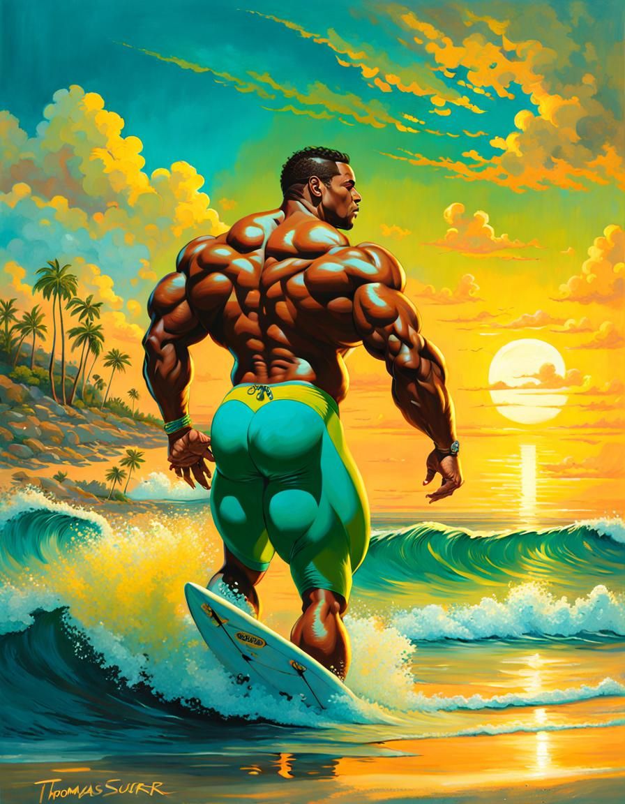Muscular Surfer on Beach in Vibrant Digital Art