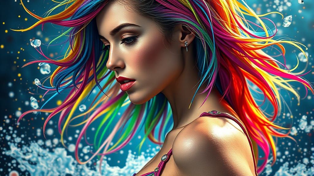 Hyperrealistic Beach Goddess with Vibrant Rainbow Locks