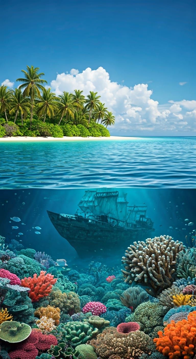 Island Shipwreck Scene in Dreamlike Style
