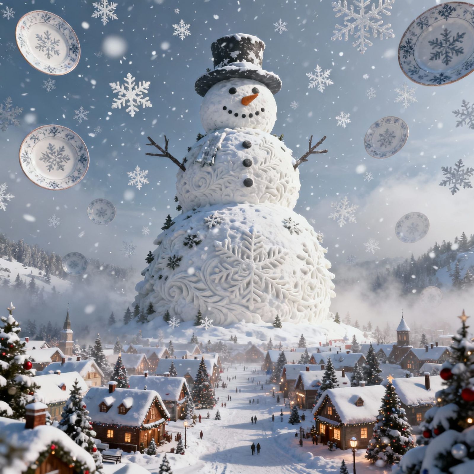 Giant Snowman Tree Over Christmas Village in Unreal Engine S...