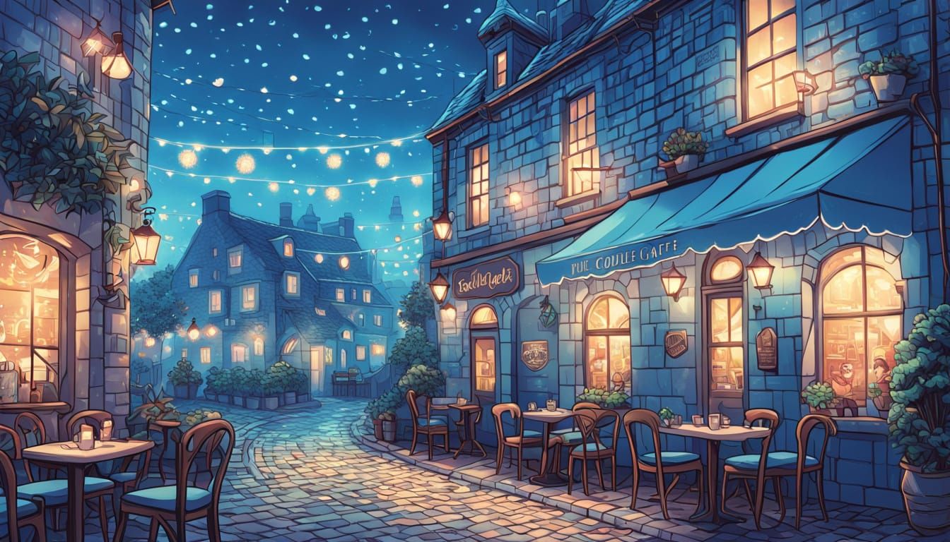 Enchanting Blue Cafe in Comic Book Style