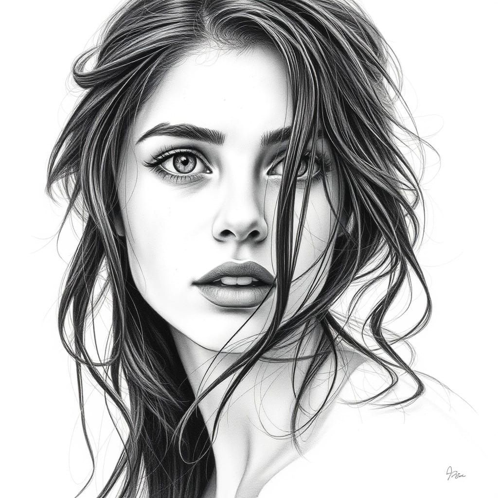 Intricate Pencil and Charcoal Portrait of a Young Lady