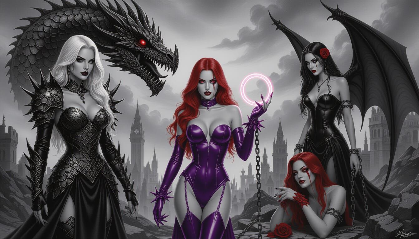 Dark Fantasy Sorceress and Fallen Angel in Ruined City