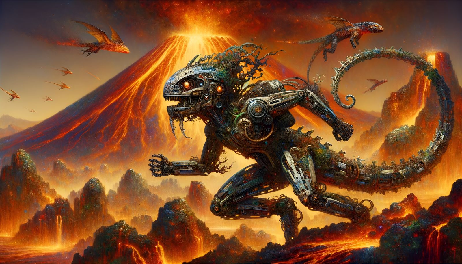 Surreal Battle Mechanoid Salamander in Volcanic Landscape