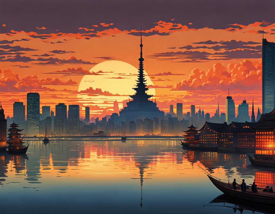 Sunset Cityscape: Ukiyo-e Inspired Detailed Painting