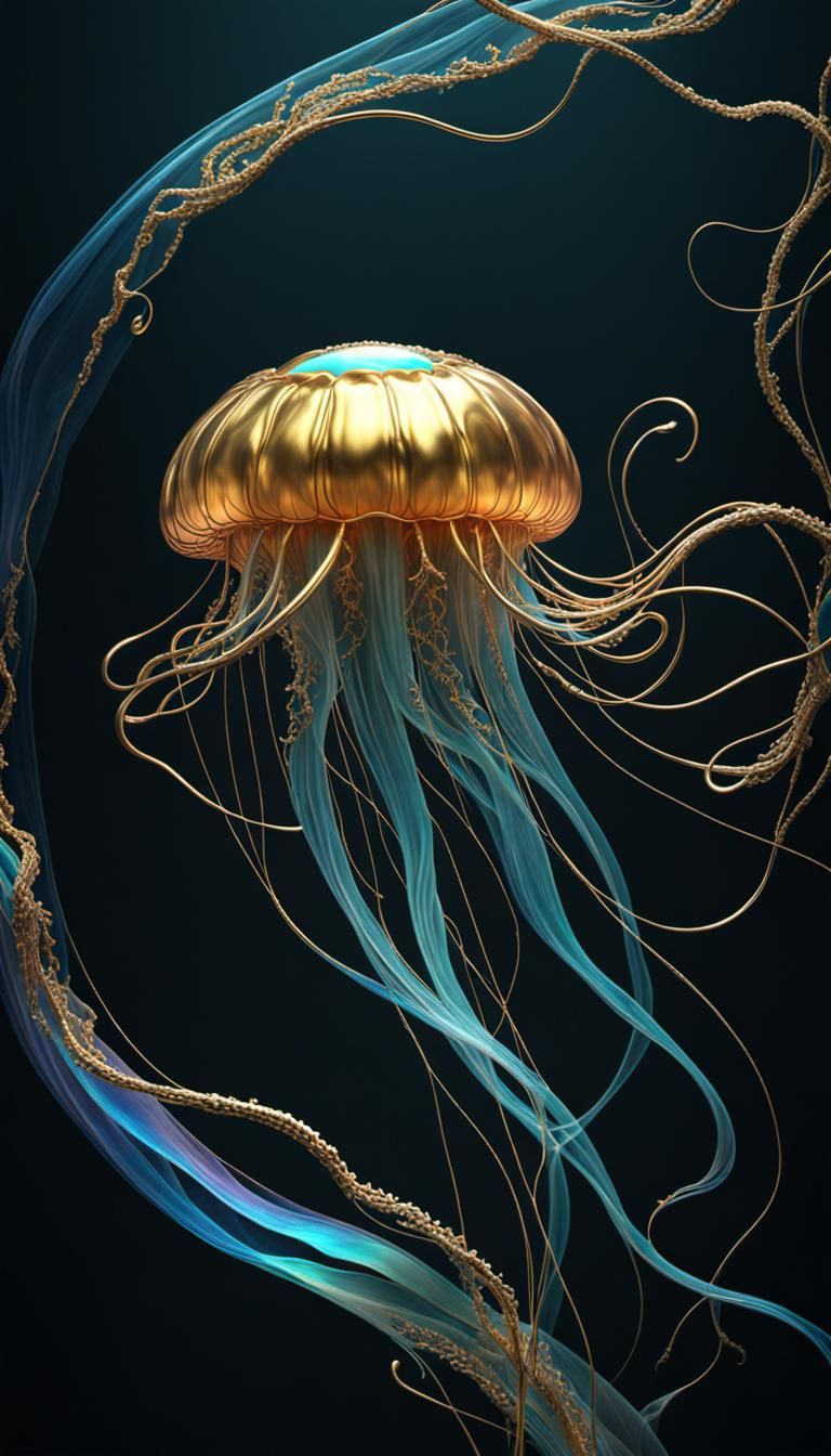 Kintsugi Jellyfish: Hyperdetailed Iridescent Digital Art