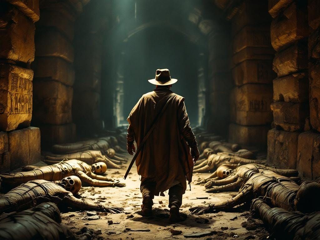 Indiana Jones in Egyptian Tomb: Hyperrealistic Concept Art