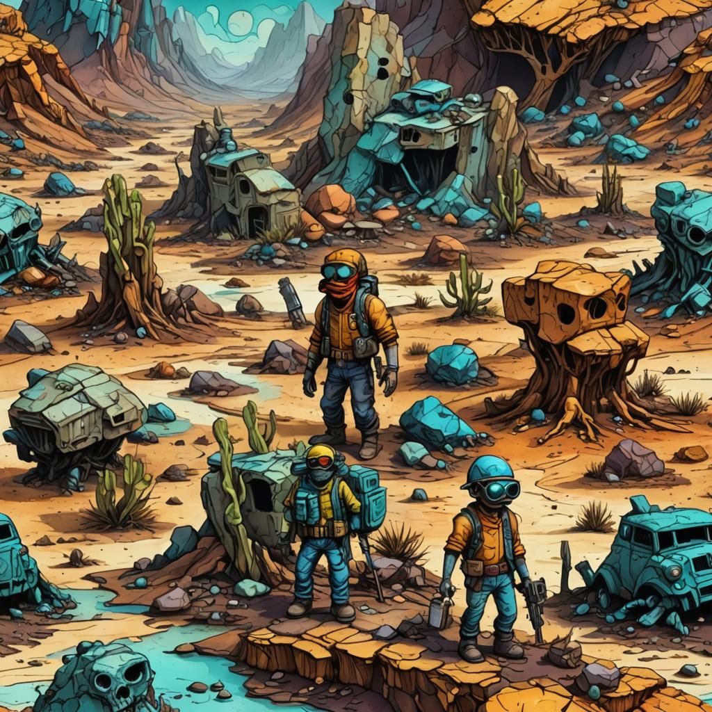 whimsical and stylized wasteland characters