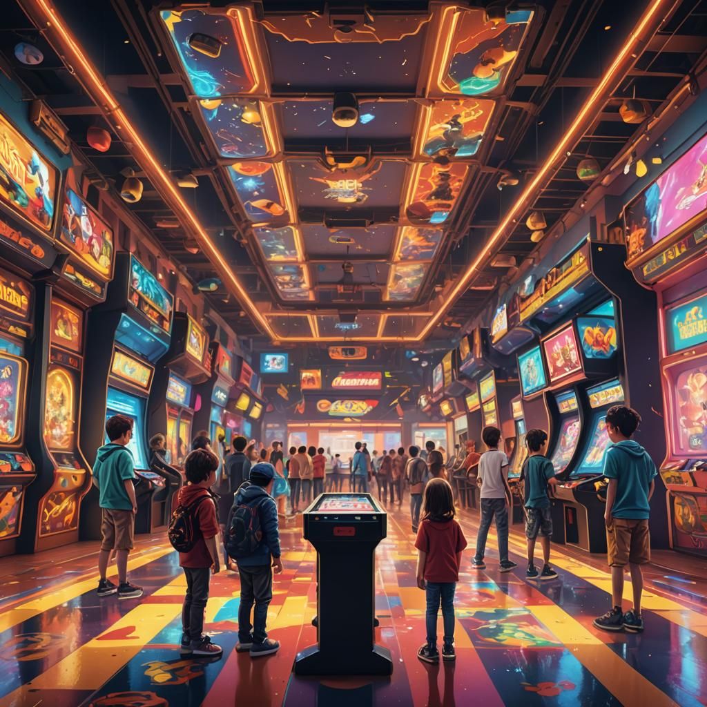 An endless arcade hall with kids playing video games