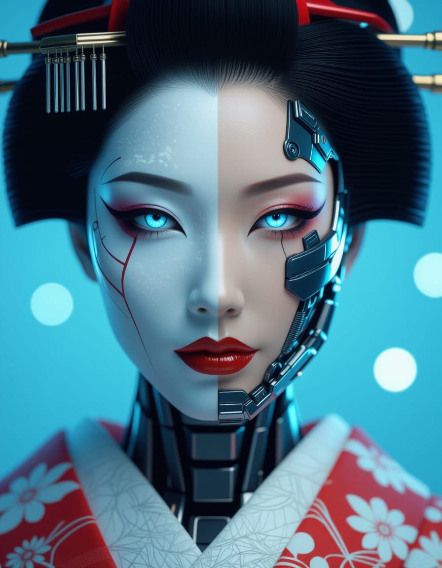 Cybernetic Geisha Portrait with Dual Face in Studio Lighting