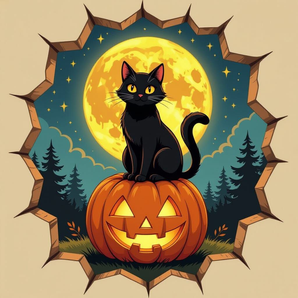 Black Cat on Pumpkin Under Moonlight