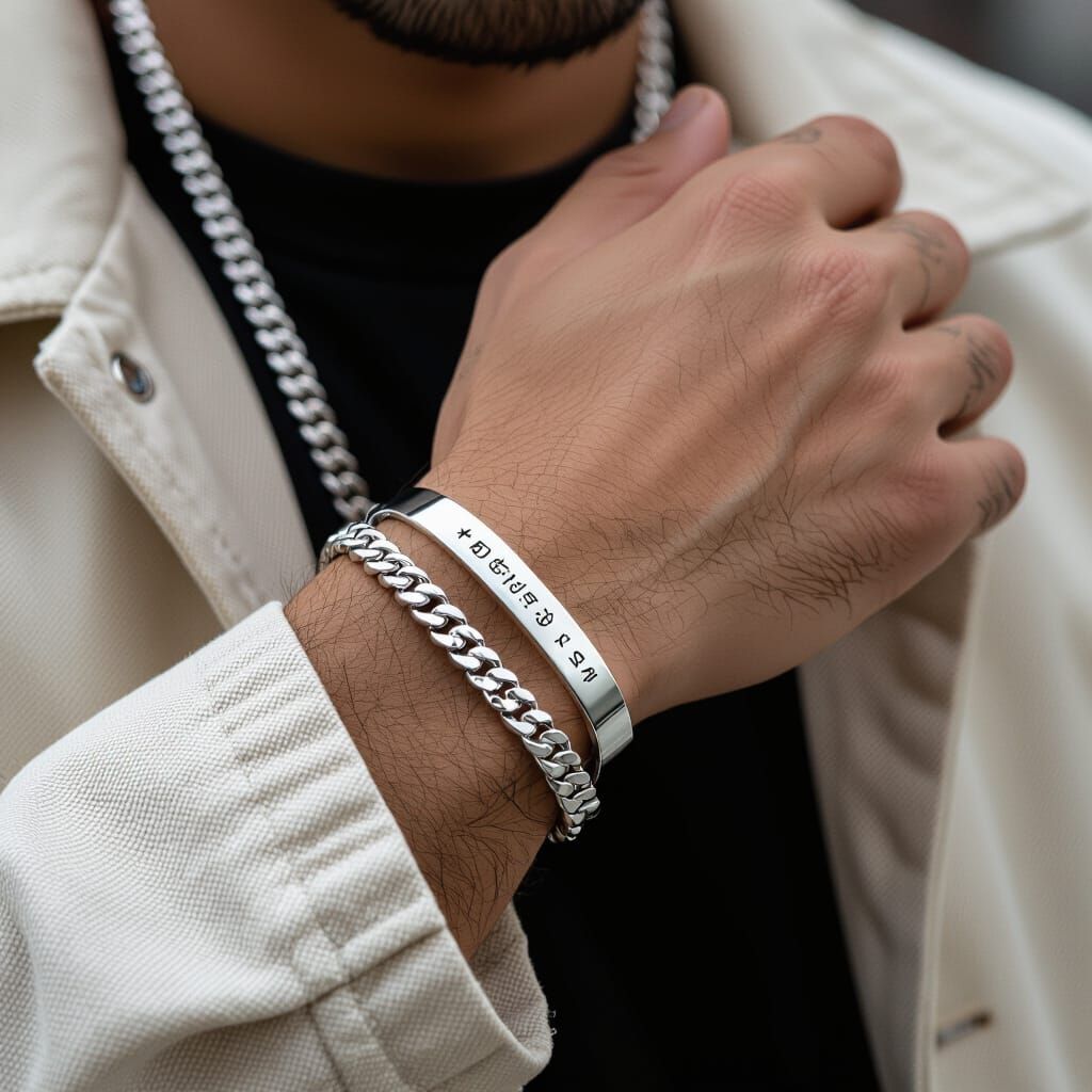 Silver Bracelet with Engraved Sanskrit Inscription