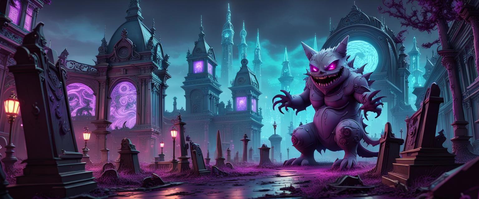 Cyberpunk Gengar in Haunted Burial Ground