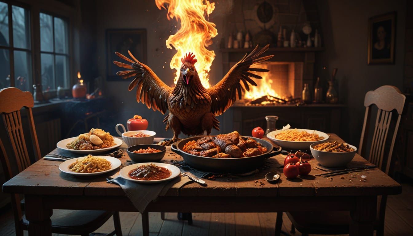 Fiery Chicken Still Life Nightmare in a Fantastical Setting