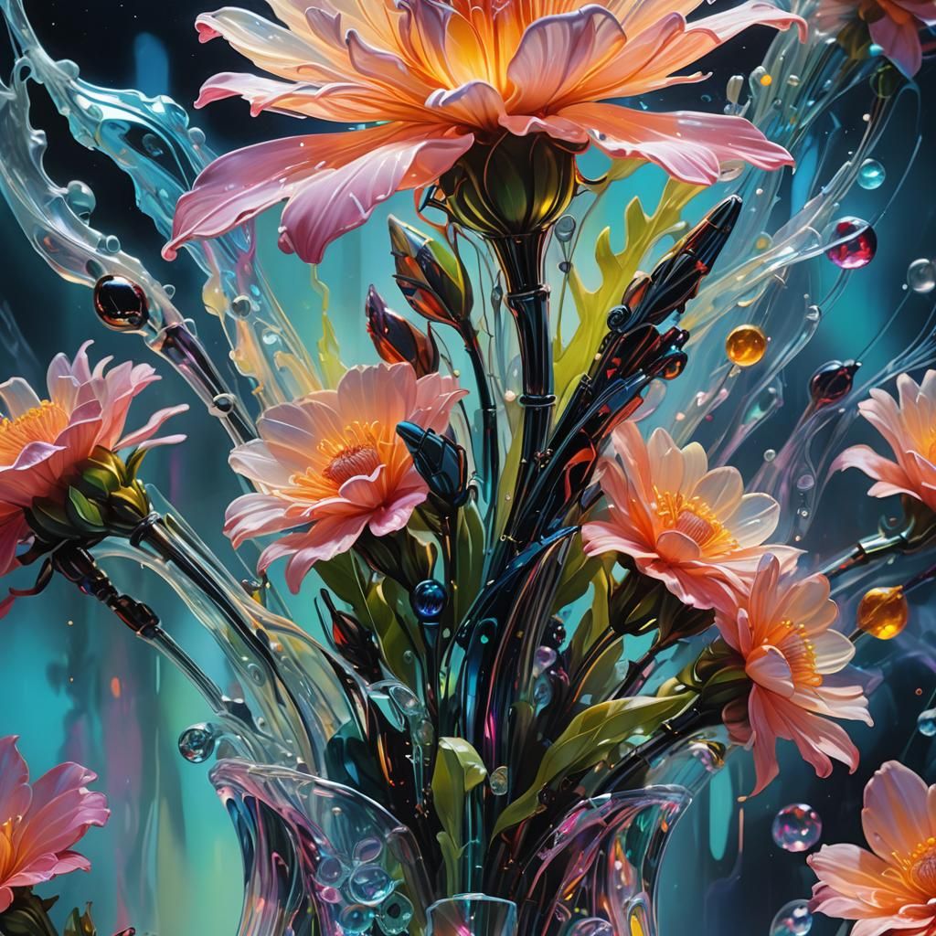 Futuristic Bouquet With Robotic Arm as Oil Painting