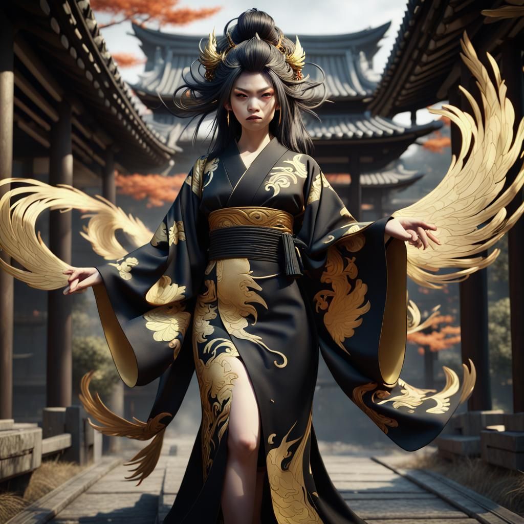 Japanese Troll in Phoenix Kimono, Detailed Digital Painting
