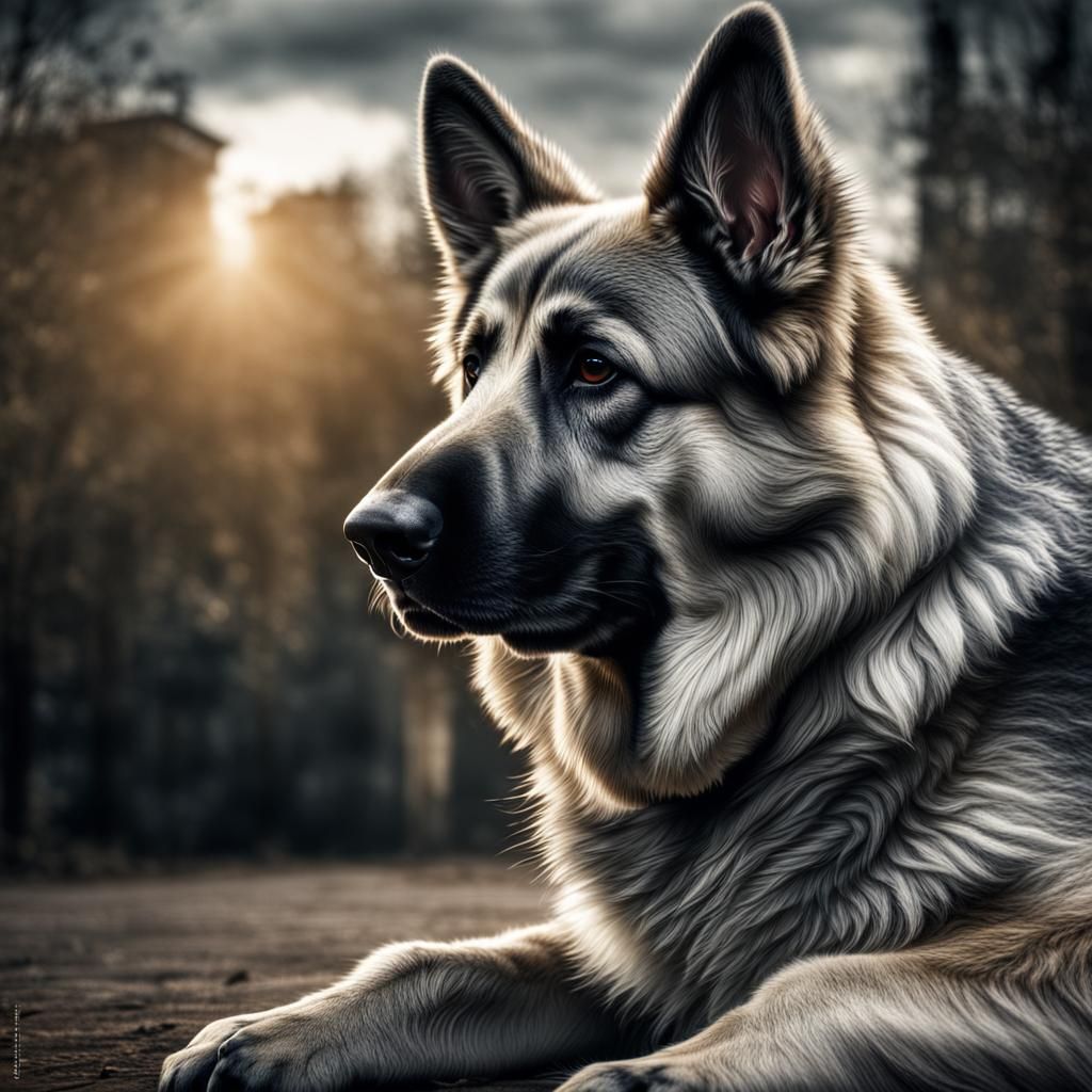 Hyperrealistic Silver German Shepherd Portrait