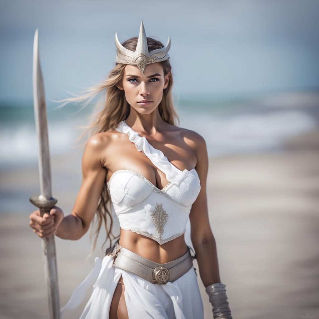Fantasy Warrior Women on White Sand Beach