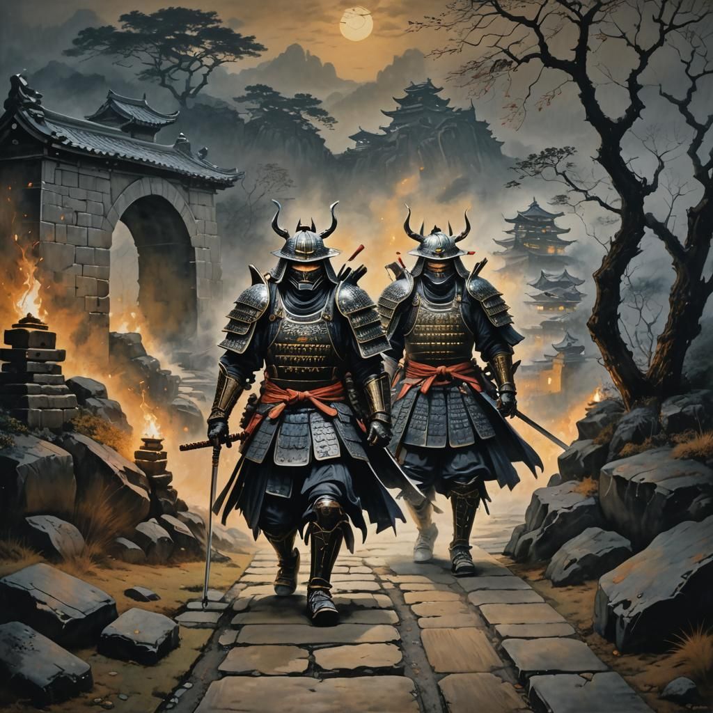 Armored Samurai on Ancient Path to Castle