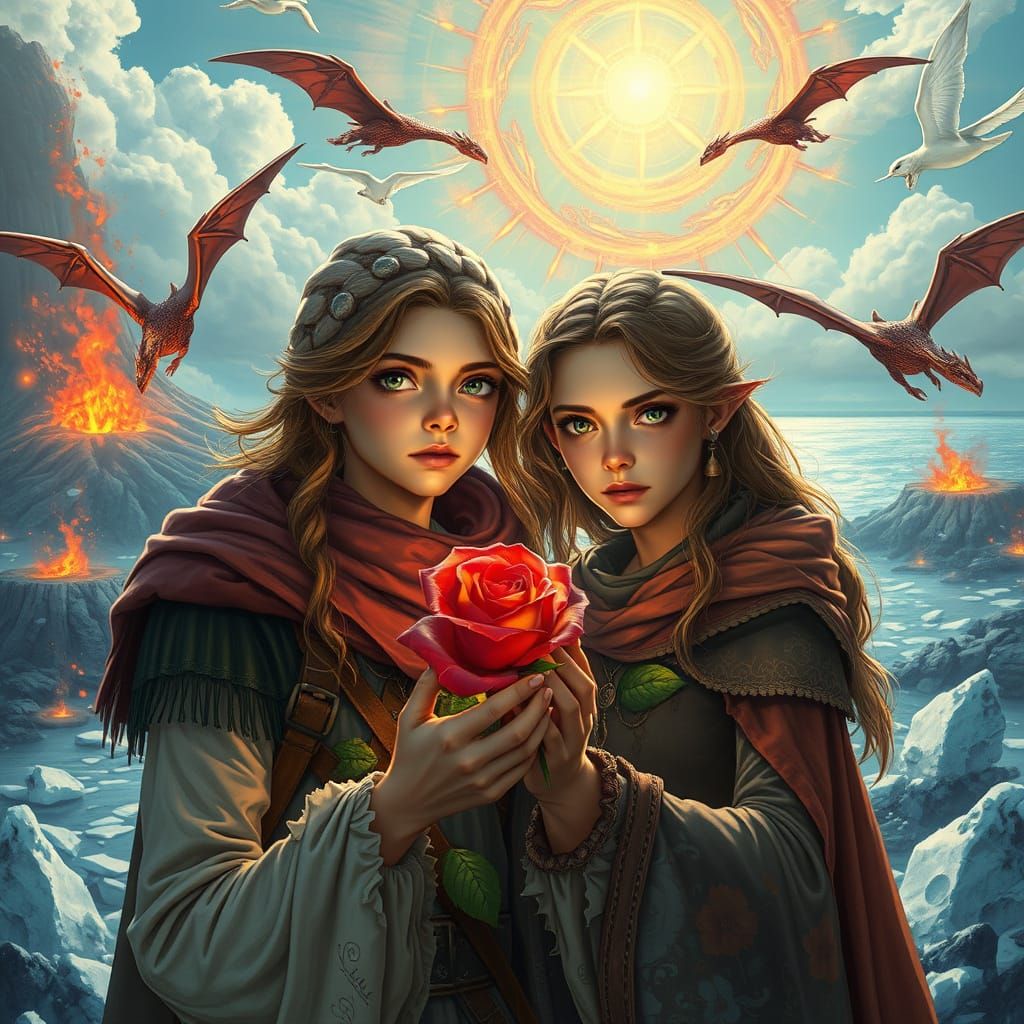 Volcanic Island Fantasy: Girl with Rose