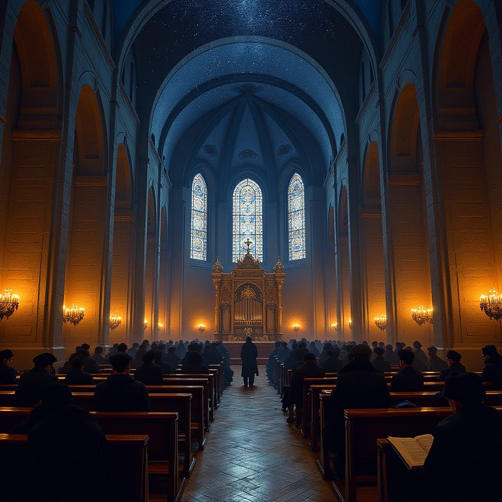 Ancient Synagogue Under Starry Night Sky in Elegant Artistic...