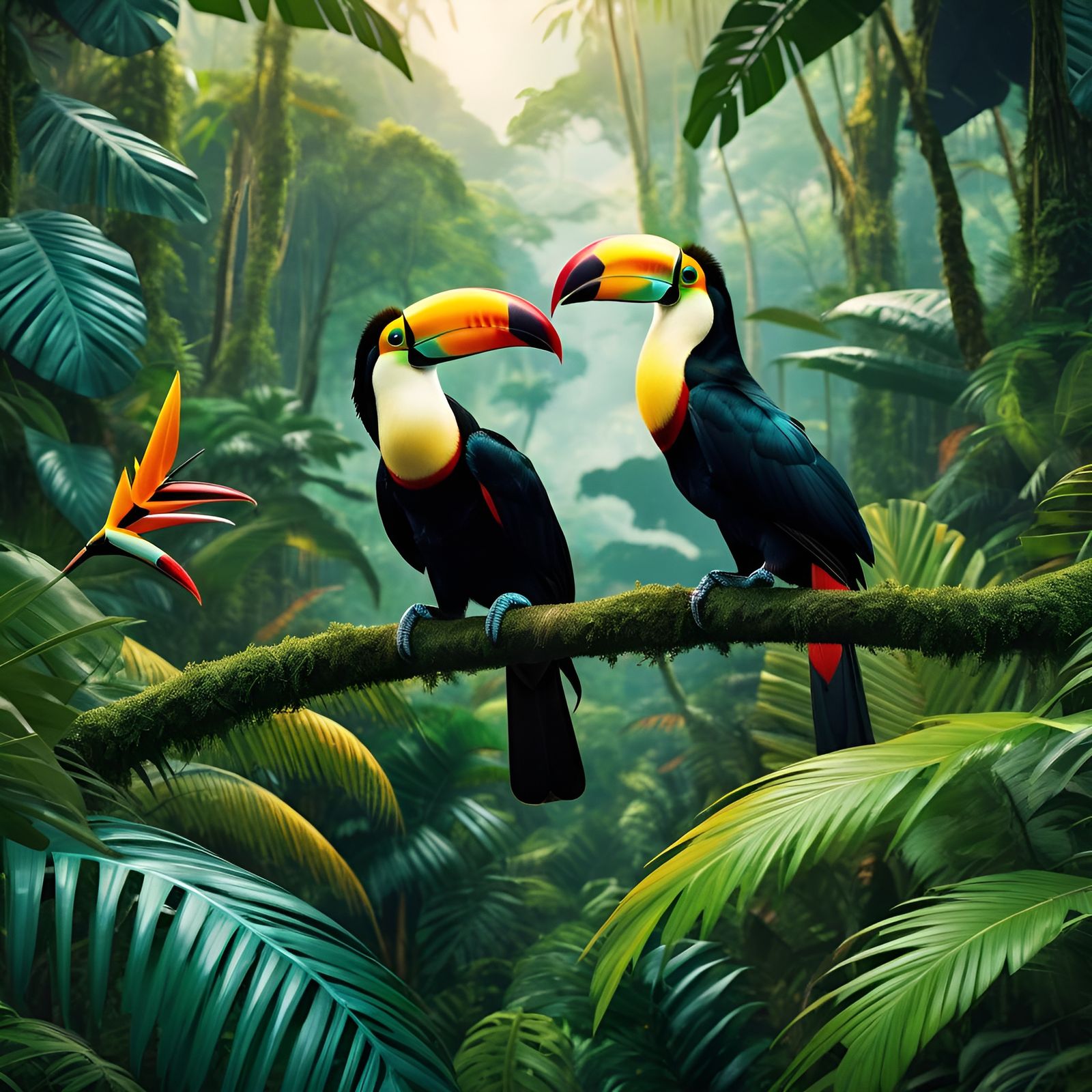 Toucans Courting in a Detailed Rainforest