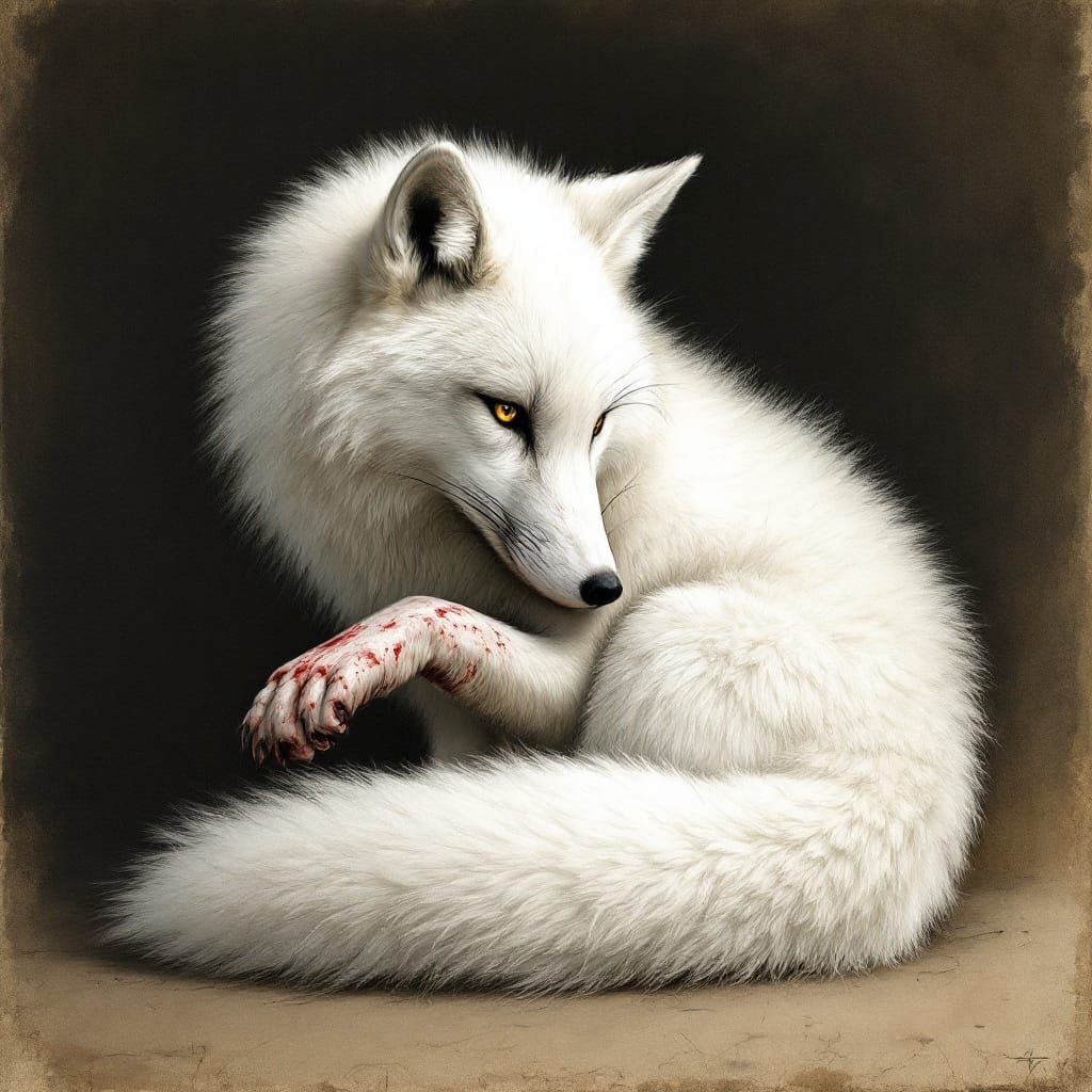 Wounded Arctic Fox in Vintage Charcoal Drawing