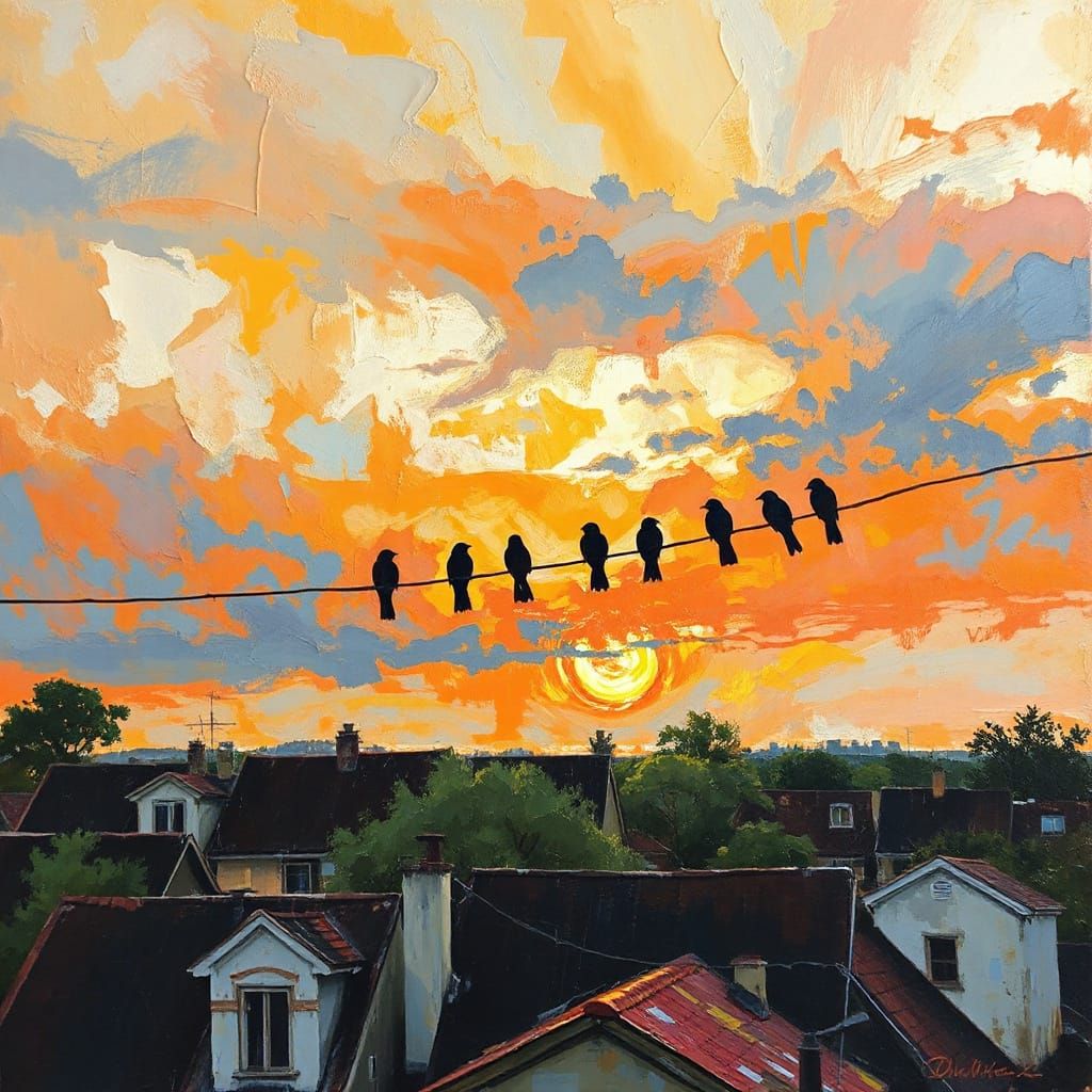 Birds on a Wire Evening Scene in Neo-Impressionist Style