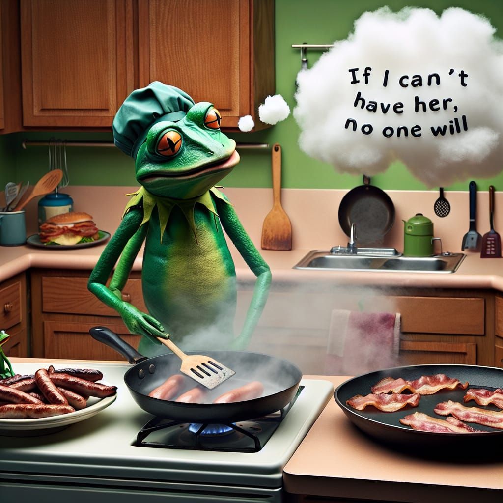 Hyperrealistic Frog Cooks with Dark Thoughts