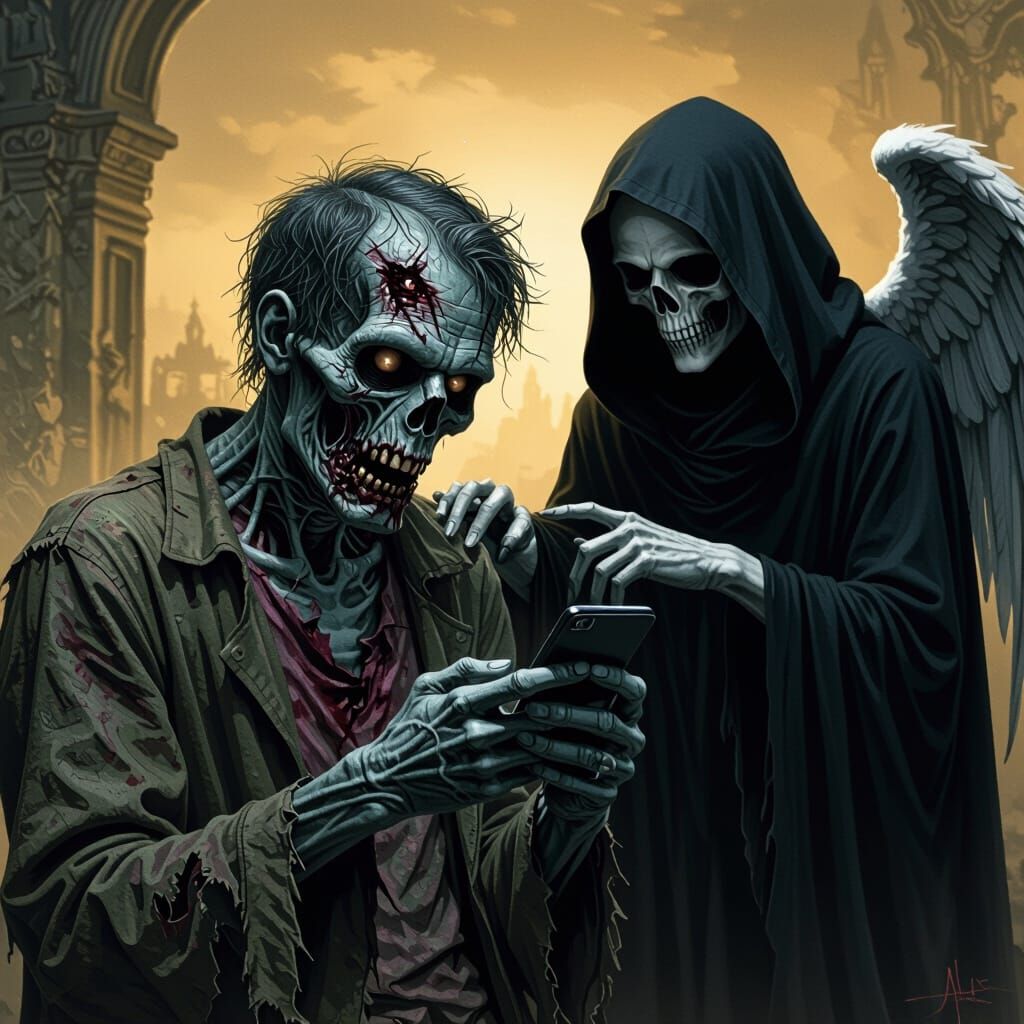 Zombie Texting While Angel of Death Waits