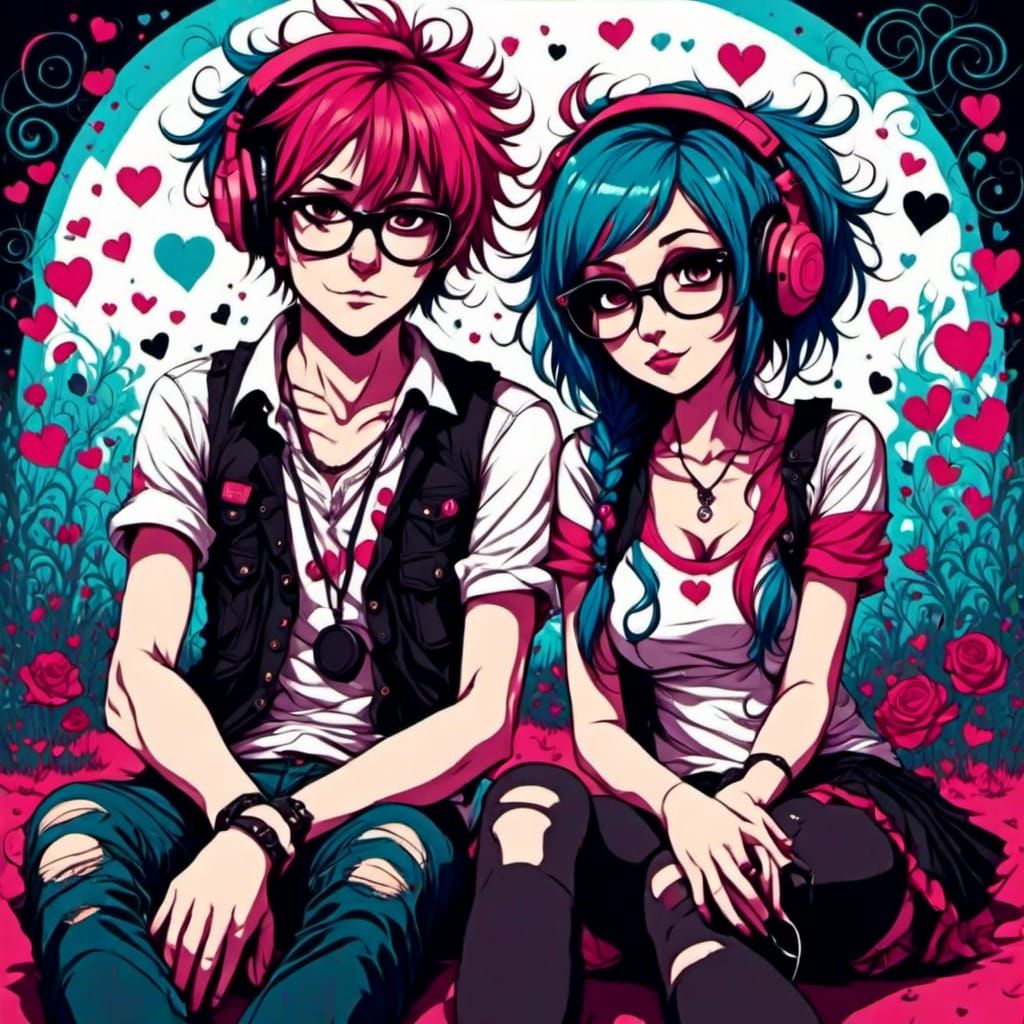 Anime Emo Couple Listening to Music