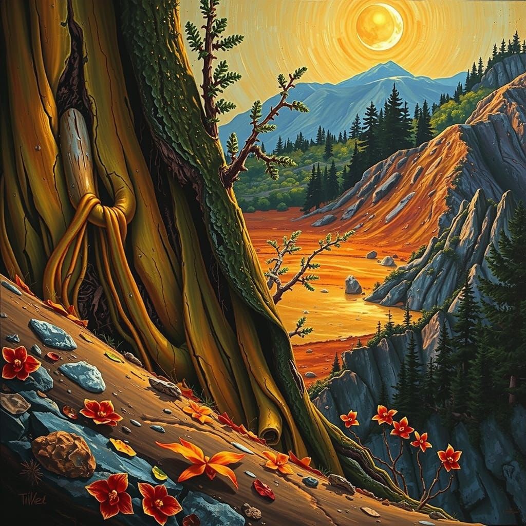 White Forest and Sapphire Mountains Under Moon and Noon