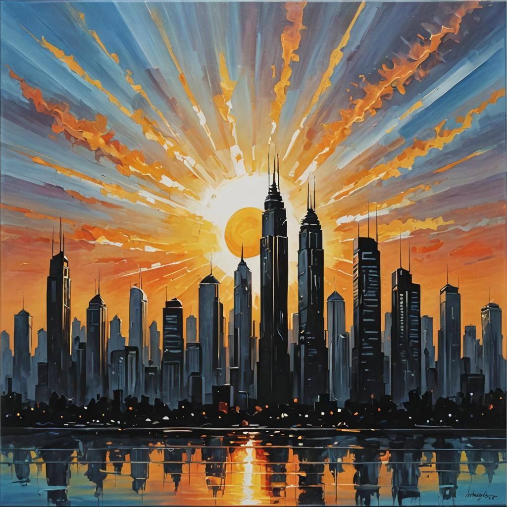 City Silhouette with Skyscrapers in Acrylic Art