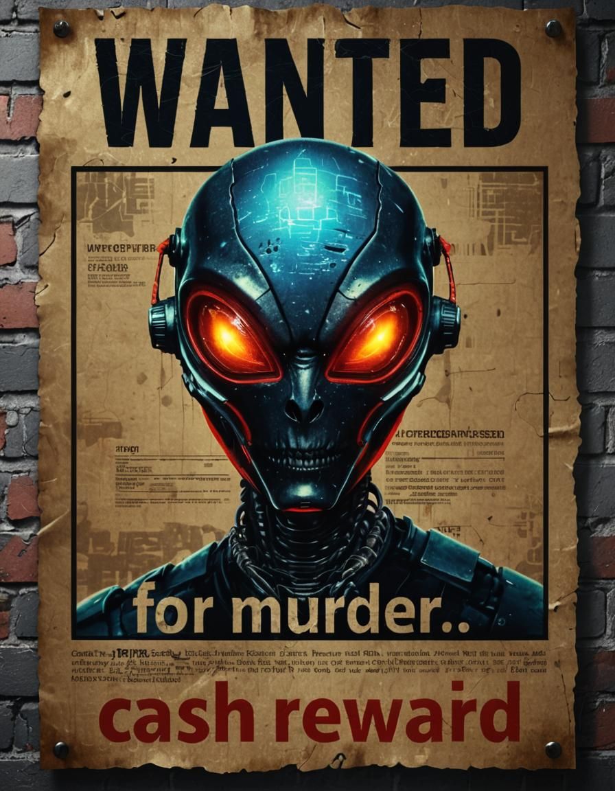 Cyborg Alien Wanted Poster in Glitch Art Style