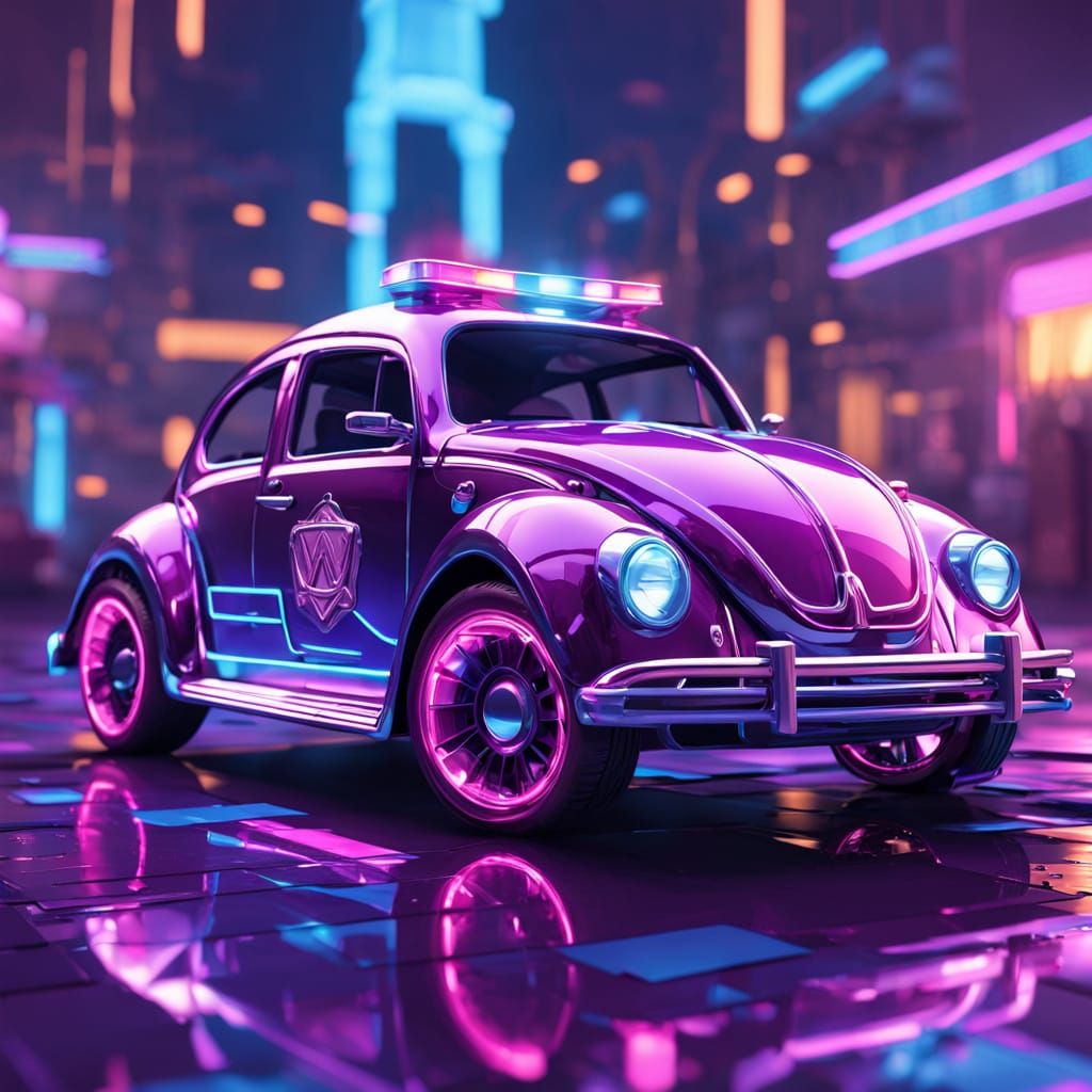 Neon-Lit Low-Poly Police Car in a Vibrant Cityscape