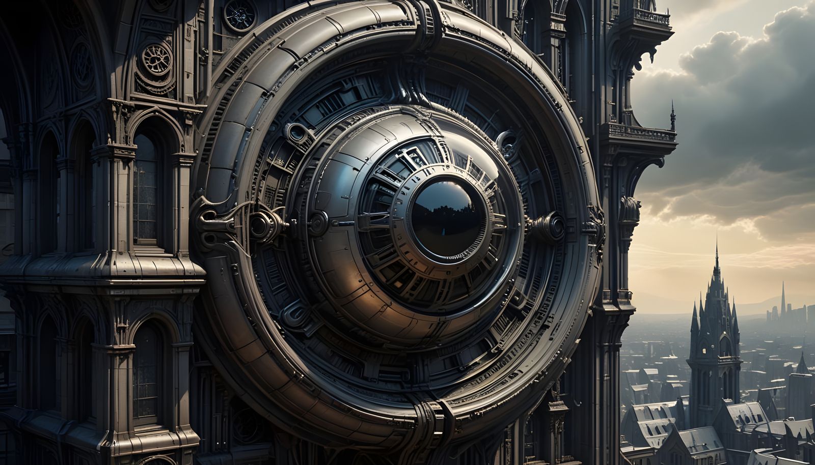 Colossal, Ancient Metal Eye Surveying Modern City