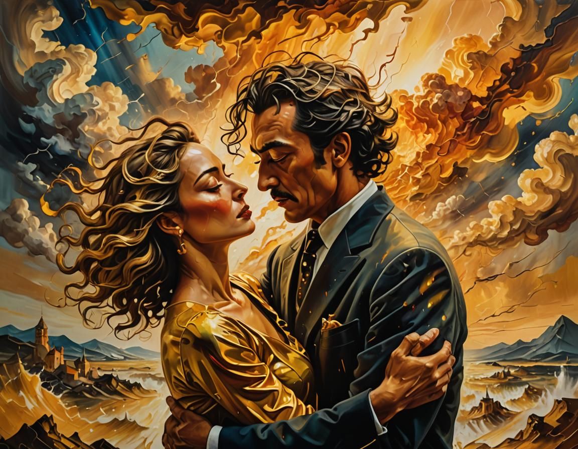 Surreal Couple Embrace During Abstract Storm