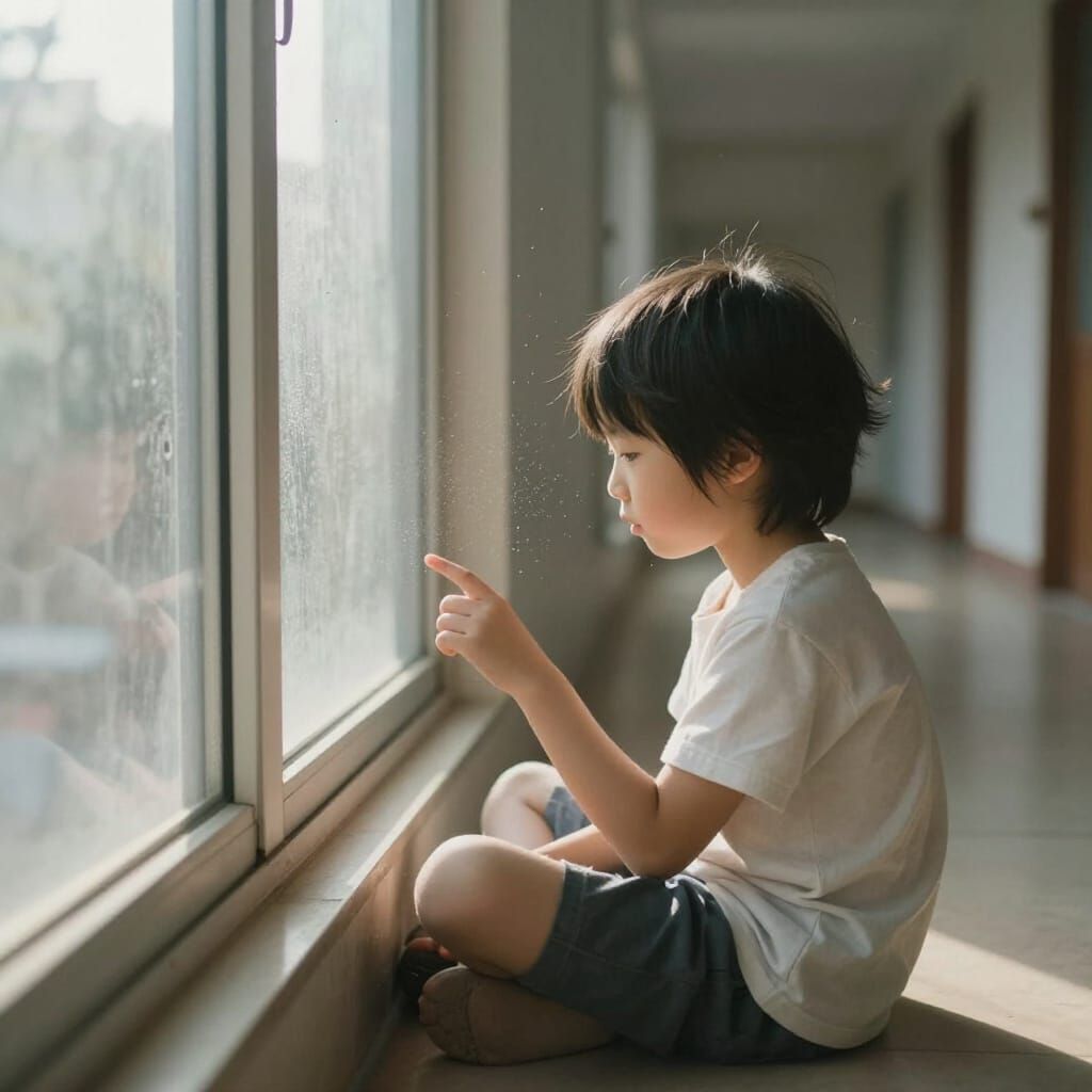 Child Tracing Condensation in Sunlit Hallway