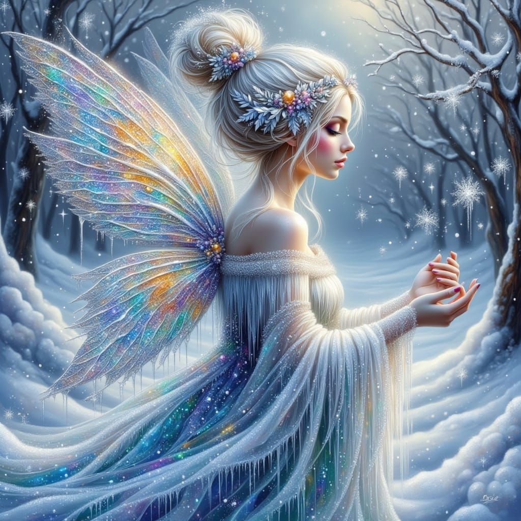 Winter Fairy with Zentangle Wings in Snowy Landscape