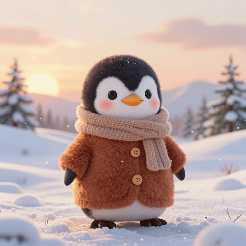 Adorable Penguin in Cozy Plush Coat by Golden Sunset