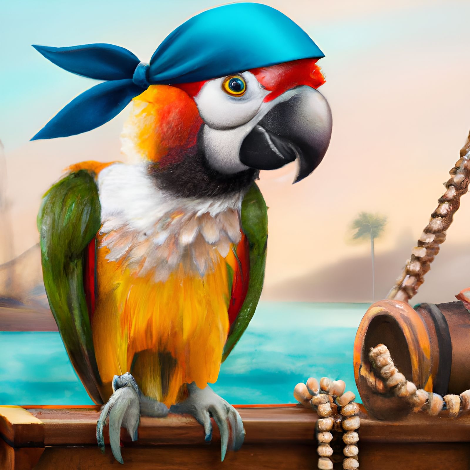 Cute Pirate Parrot on Ship, Oil Painting Style