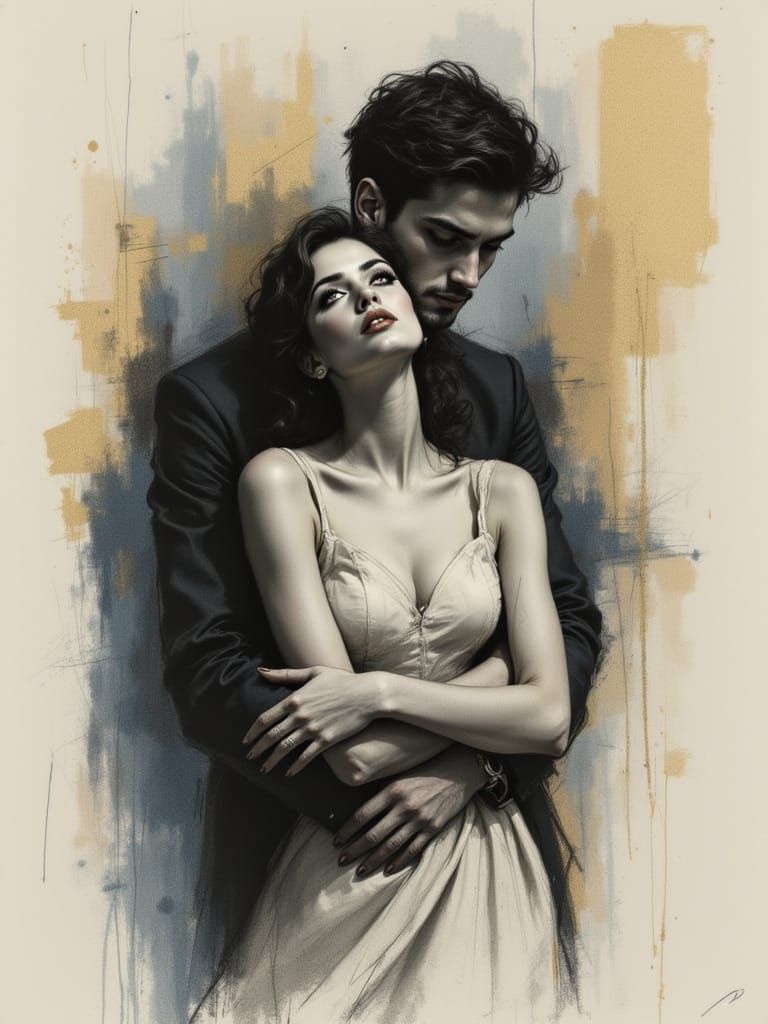 A Melancholic Couple Embraced in Intimate Contemplation