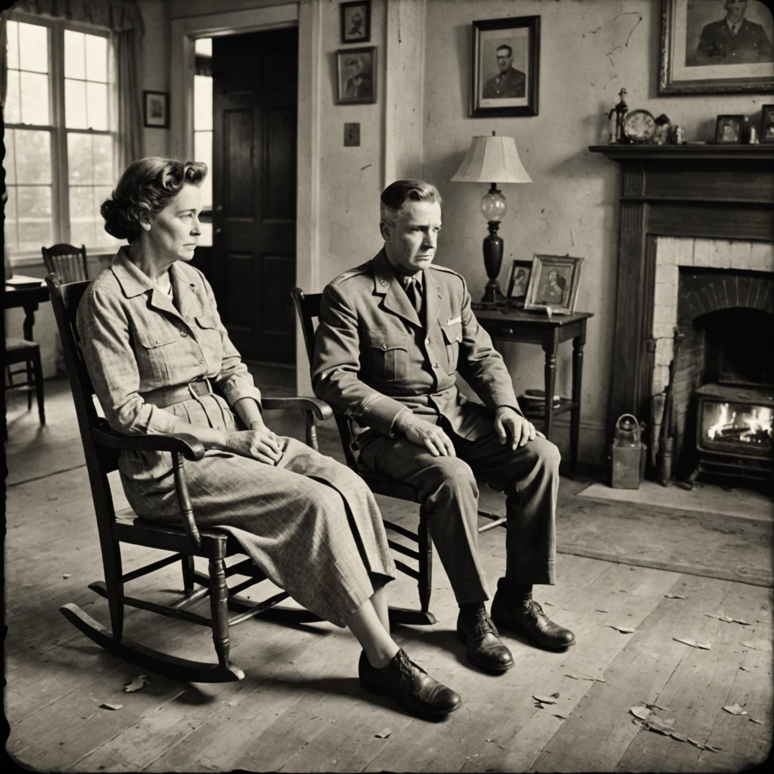 Soldier and Woman in 1940s Living Room, Vintage Photo