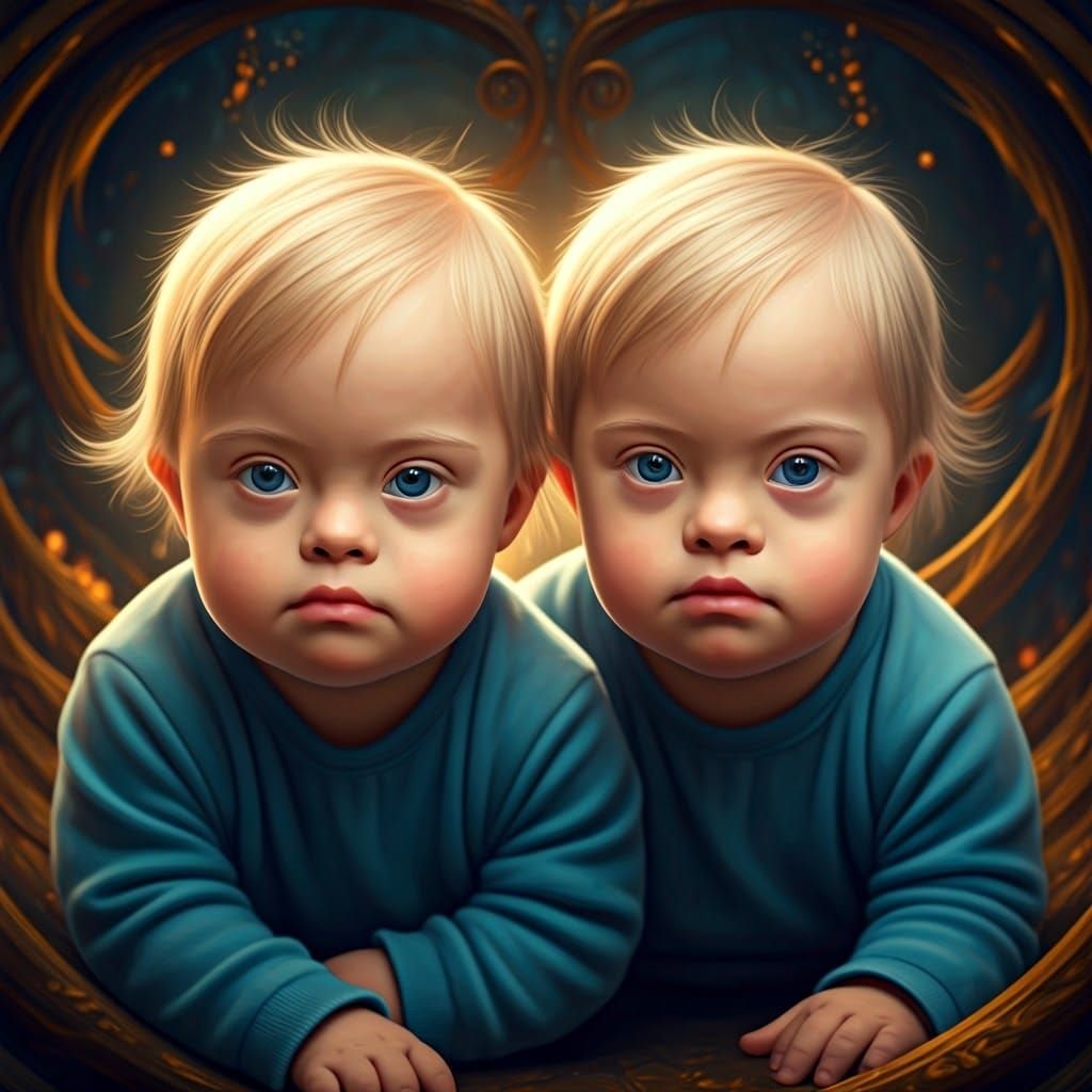 Whimsical Down Syndrome Twins in Ethereal Fantasy Realm