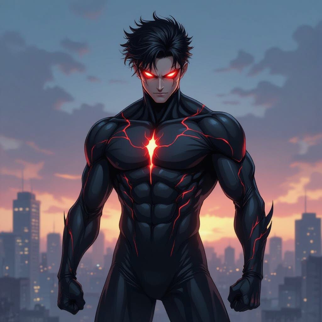Dark Anime Superhero with Red Veins in Gritty Cityscape